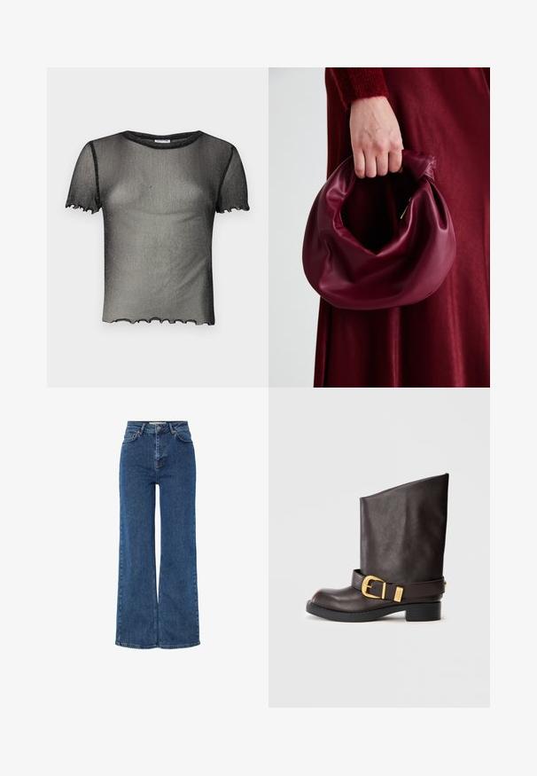 Juodas permatomas viršus, pagamintas iš smulkaus, blizgaus medžiagos. Turi trumpas rankoves ir banguotą apatinį kraštą. Lengvas ir prigludęs dizainas.; Aukštom juosmeniu mėlyni džinsai su plačiomis kojomis, tradicine penkių kišenių konstrukcija, metaliniu mygtuko uždarymu ir kontrastingomis siūlėmis.; Tamsiai rudas odinis botas iki blauzdos su juodu batu, mažai kulno ir dekoratyvia juoda sagtimi aplink kulkšnį, parodytas iš šono.; Bordo odinė rankinė su minkštu, susiraukšlėjusiu dizainu ir apvalia forma. Rankena yra tvirtai pritvirtinta, atskleidžianti lygią tekstūrą.