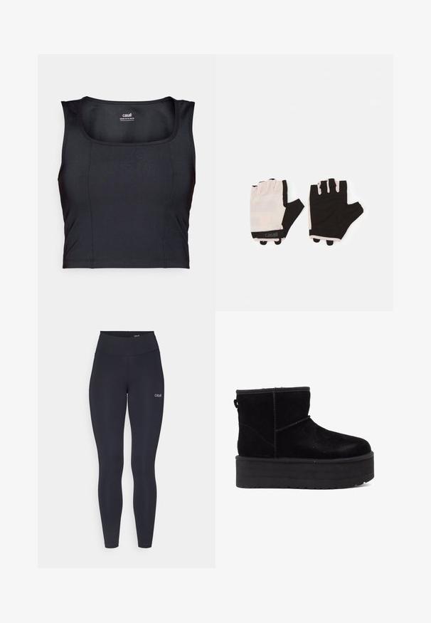 Svart atletisk crop top, laget av glatt stoff, har rund hals, er ermeløs og har subtile sømdetaljer.; Svarte leggings med høy midje, laget av elastisk stoff, med en liten hvit logo på låret og en glatt tekstur.; Svarte semskede ankelstøvler med en tykk plattformsåle og myk fôr. Fullført med sømdetaljer og en bakre opphengsløkke for enkel påkledning.; Treningshansker med et lett rosa og svart design, laget av pustende materiale, med justerbart håndleddsbånd og teksturerte gripeelementer.