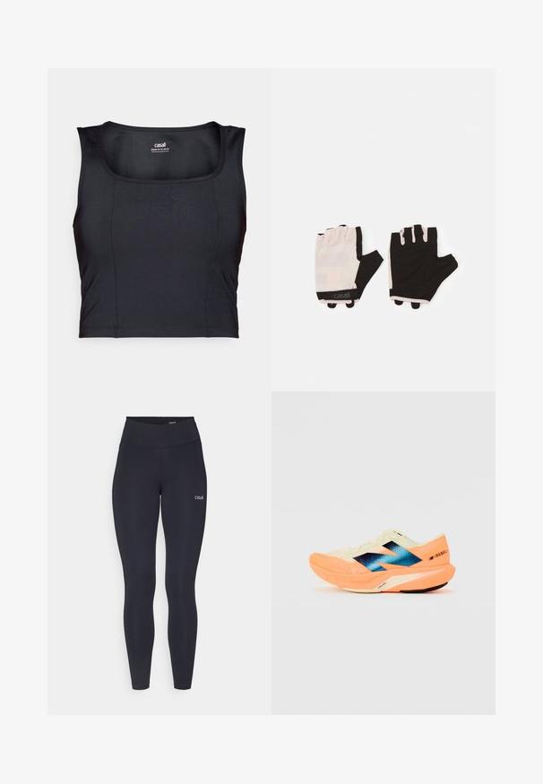 Black athletic crop top, made of smooth fabric, features a round neckline, sleeveless design, and subtle stitching details.; Black leggings with a high waistband, made from stretchy fabric, featuring a small white logo on the thigh and smooth texture.; Running shoe with a lightweight cream upper, blue branding, and orange accents on the sole. Mesh texture for breathability.; Fitness gloves with a light pink and black design, made of breathable material, featuring an adjustable wrist strap and textured grip accents.
