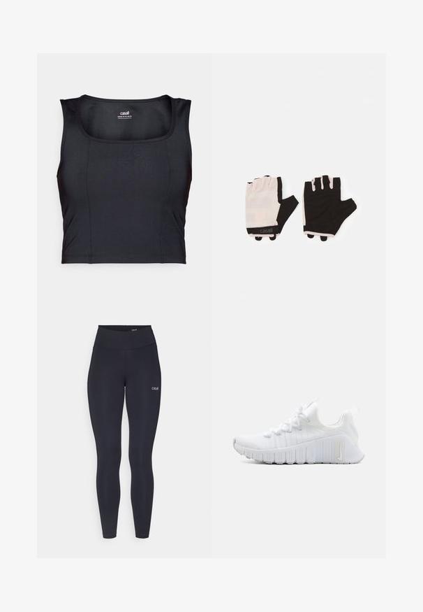 Top corto sportivo nero, realizzato in tessuto liscio, presenta un collo rotondo, un design senza maniche e dettagli di cucitura sottili.; Leggings neri con vita alta, realizzati in tessuto elasticizzato, con un piccolo logo bianco sulla coscia e una texture liscia.; Scarpa sportiva bianca con tomaia testurizzata, chiusura a lacci piatti e suola in gomma prominente con scanalature verticali. Presenta un logo sul lato.; Guanti da fitness con un design rosa chiaro e nero, realizzati in materiale traspirante, dotati di un cinturino per il polso regolabile e dettagli con impugnatura testurizzata.