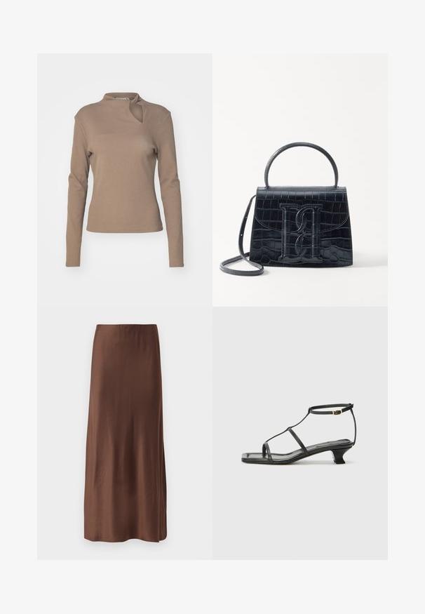 Gestuz DREW KNOT - Pikkade varrukatega topp - shitake; Pruun satiinist midi seelik sileda tekstuuriga, sirge lõikega ning ilma nähtavate mustrite või kaunistusteta. Lihtne ja elegantne disain.; Must värviline nahk sandaal ruudukujulise varbaga, õhukeste rihmadega, kohandatava pahkluu rihmaga ja madala kandaga. Rihmal on väike kuldne aktsent.; Must musta krokodillimustriga nahast käekott, millel on struktureeritud disain, ülemine käepide, reguleeritav rihm ja silmapaistev esiküljel logo detail.