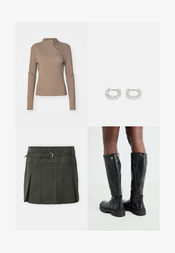 Gestuz DREW KNOT - Longsleeve - shitake; Donkergroene, katoenen mini-jurk met een aansluitende taille, een riem en voorplooien. Bevat stikdetails en heeft een klassieke snit.; Zwarte leren kniehoge laarzen met een gladde textuur, ronde neus, stevige zool en ritssluiting. Voorzien van een zilveren logo aan de zijkant.; Zilveren hoepeloorbellen met rechthoekige en driehoekige heldere kristallen, gerangschikt in een cirkelvormig patroon met een centrale post voor het bevestigen.