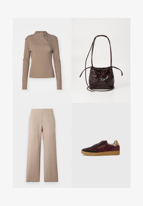 Gestuz DREW KNOT - Bluză cu mânecă lungă - shitake; Pantaloni bej cu picioare largi dintr-un material ușor, având pliseuri frontale, o talie netedă și o croială dreaptă cu tivuri curate.; Tenisi din suede de culoare bordeaux închis și maro, cu accente aurii. Prezintă un exterior texturat, logo embossat și o talpă din cauciuc.; Geantă de umăr din piele lucioasă, de culoare maro închis, cu partea superioară plisată și curea subțire reglabilă, având un detaliu mic cu închidere din metal argintiu în față.