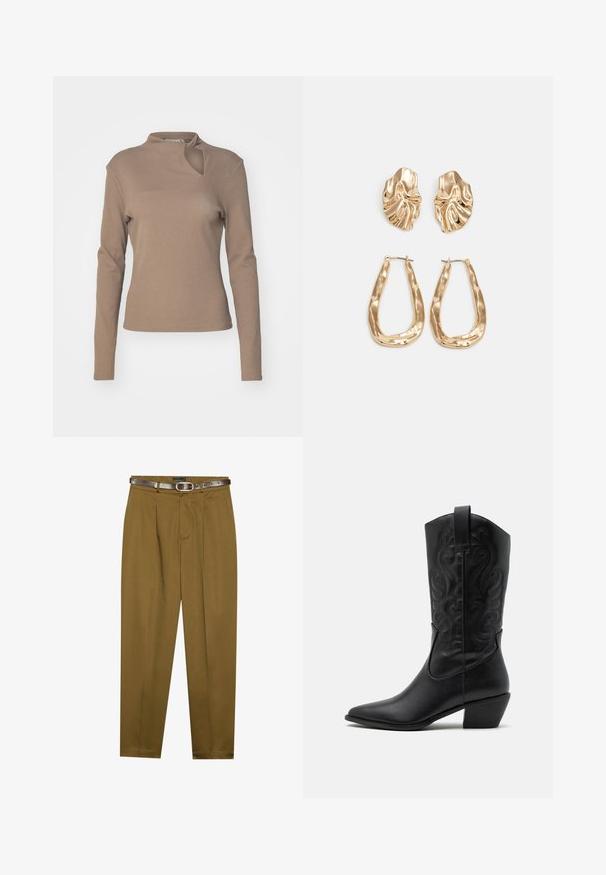 Gestuz DREW KNOT - Ilgarankovis viršutinės dalies drabužis - shitake; Rudos, pritaikytus kelnes su klostėmis priekyje ir pritaikytu juosmeniu. Pridedamas tamsiai rudas odinis diržas su apvalia sagtimi.; Juodas odinis kaubojiškas botas su smailiu pušku, iškaltomis vingių rašmenimis ir vidutinio aukščio kulnu. Yra kilpa, skirta patogiam užmaunimui.; Auksinės auskarai, turintys tekstūruotus, bangų formos elementus. Įeina skulptūriniai segami auskarai ir atviri lankai su išmuštu paviršiumi.