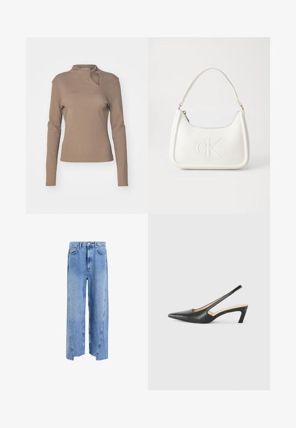 Gestuz DREW KNOT - Topper langermet - shitake; Lyseblå denimjeans med løs passform, høy midje, vide ben, rå kanter og synlige sømdetaljer.; Svart spiss tå slingback-sko med lav hæl, laget av jevnt skinnmateriale og med utskåret design på siden for pusteevne.; Hvit lærveske med en buet fasong, med et preget "CK"-logo på forsiden og en enkel skulderstropp. Glidelåslukking på toppen.