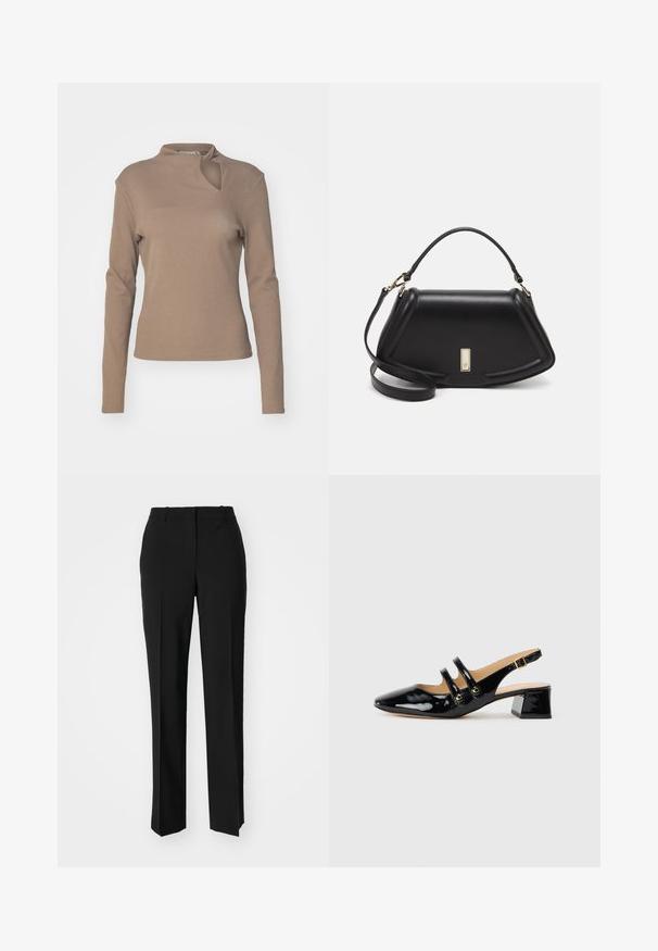 Gestuz DREW KNOT - Longsleeve - shitake; Zwarte op maat gemaakte broek met een recht model, voorzien van een soepele textuur en scherpe plooien aan de voorkant. Geen zichtbare hardware.; Zwarte patenten leren slingback schoenen met een spitse neus, twee bandjes, gouden ronde accenten en een lage blokhak.; Zwarte leren handtas met een gestructureerd ontwerp, featuring een verkorte vorm, bovenhandvat en gouden hardwareaccent. Inclusief verstelbare schouderband.