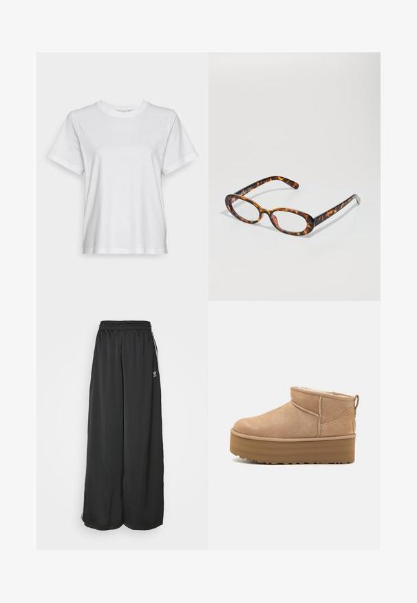 Valge puuvillane t-särk lühikeste varrukatega, ümmarguse kaelusega ja lõdva istuvusega. Sile tekstuur, ilma mustrite ega graafikateta, lihtne disain.; Mustad, vabalt langevad spordipüksid, mis on valmistatud siledast kangast. Omab elastset vöökoht ja külgedel triibusid koos logo aktsentidega.; Bež nubukist kängad pahkluudele, millel on pehme sisemus, platvormitald ja seljal kergesti tõmbamiseks mõeldud kinnitustuli. Tekstuuriga kummitald.; Koorilõhnaga prillid, millel on ovaalsed läätsed, särav viimistlus, peened otsad ja kerged mustrid, mis meenutavad tiigri triibusid.