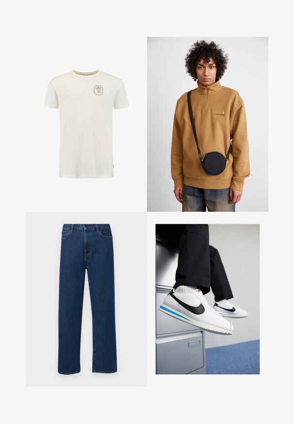 Kremo spalvos medvilnės marškinėliai su apvaliu iškirptimu ir trumpomis rankovėmis. Kairėje krūtinės pusėje yra spausdintas logotipas. Jų paviršius lygus.; Tamsiai mėlynos tiesaus žandikaulio džinsai su priekinėmis kišenėmis ir mygtuko uždarymu, rodantys ant paprasto balto fono.; Baltos odinės sportbačiai su juodu Nike logotipu, šviesiai mėlyna ir pilka guma padais bei klasikiniu raištelių dizainu. Kojos remiasi į dokumentų spintą.; Rudas ketvirčio užtrauktuko vilnos švarkas su siuvinėtu logotipu, derinamas su juodu apvaliu per petį nešiojamu krepšiu su užtrauktuku ir logotipo detale, dėvimas virš džinsų.; Balta perlų kaklo grandinėlė, su vienodai apvalia forma, lygiu paviršiumi ir metaline sagtimi su ilginimo grandinėle, leidžiančia reguliuoti ilgį.