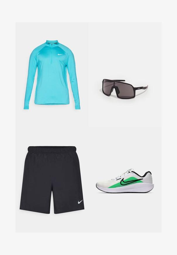 Helles türkisfarbenes Nike Langarm-Sportoberteil mit Viertelreißverschluss und weißem Swoosh-Logo auf der Brust, vor schlichtem Hintergrund präsentiert.; Schwarze sportliche Shorts aus leichtem Material mit einem elastischen Bund. Auf der unteren linken Seite befindet sich ein kleines weißes Nike-Logo.; Weißer Sportschuh mit grünem Akzent, schwarzem Logo, oberer Schicht aus Netzmaterial, gepolsterter Sohle und abgerundetem Absatz. Verfügt über Schnürsenkel und kontrastierende Details.; Schwarze rechteckige Sonnenbrille mit dunklen Gläsern, breitem Rahmen und schlanken schwarzen Bügeln. Verfügt über ein Logo an den Schläfen. Glatte Textur.