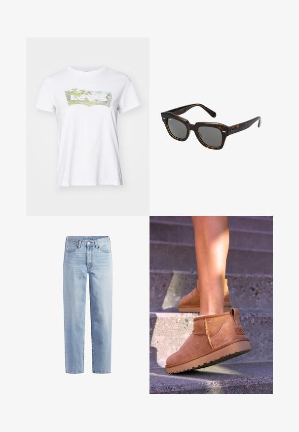 Levi's® PERFECT - Tričko s potlačou - scenic; Svetlomodré rovné džínsy so zapínaním na gombík, zipsom, pútkom na opasok a päť vreckovým dizajnom na bielom pozadí.; Hnedé semišové členkové topánky so svetlou textúrou, prešívanými detailmi a gumovou podrážkou, s pútkom na päte pre jednoduché obúvanie.; Obdĺžnikové slnečné okuliare s rámom z plastu s motívom korytnačiny, tmavé šošovky a strieborné akcenty na bokoch. Vyrobené v Taliansku.