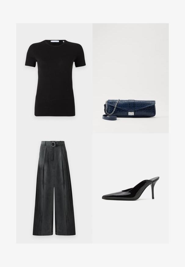 Sort kortærmet t-shirt lavet af blødt, strækbart materiale. Har en rund halsudskæring og et minimalistisk design uden synlige mønstre eller grafik.; Sort bluse med stand-up krave, lange gennemsigtige ærmer, sløjfe-detalje ved halsen, lavet af glat satinmateriale, front lukning med knapper.; Bredde benbukser i mørkegrå, med en glat tekstur, folder og et bælte med en sølvspænde i høj talje.; Sorte lakerede højhælede mulesko med spids tå og en slank silhuet, der har åben hæl og en slank stilettohæl.; Mørkeblå læder clutch med krokodilleskin, sølv kædesti og metallisk lukning. Firkantet form med fold-over design.