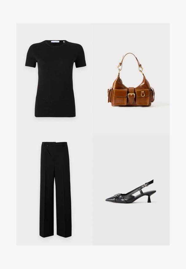 Čierne tričko s krátkym rukávom vyrobené z mäkkého, pružného materiálu. Má okrúhly výstrih a minimalistic design bez viditeľných vzorov alebo grafiky.; Čierne široké nohavice s plochým predným dielom, zapínaním na gombík a hladkou textúrou látky. Vlastnosti zahŕňajú rovný strih a ostré línie.; Čierne kožené slingback topánky s špicatou špičkou, ozdobnými popruhmi s kovovými očkami a nízkym blokovým podpätkom. Textúrovaný povrch.; Hnedá kožená kabelka s zakriveným tvarom, dvojitým zlatým kovovým doplnkom, dvoma prednými vreckami a širokým popruhom. Hladká textúra s elegantným vzhľadom.
