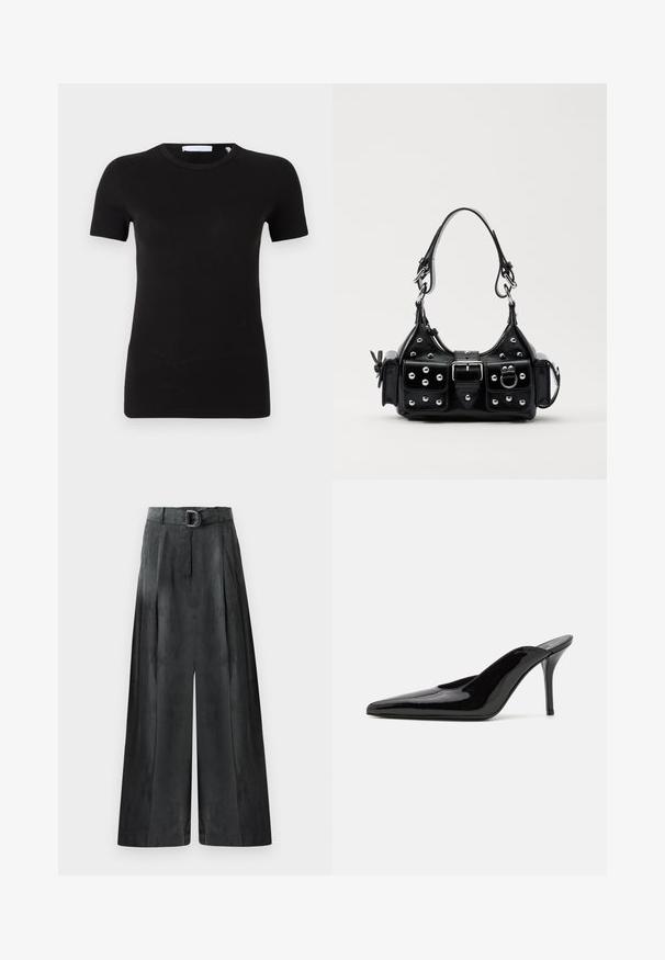 Schwarzes Kurzarm-T-Shirt aus weichem, elastischem Material. Hat einen runden Halsauschnitt und ein minimalistisches Design ohne sichtbare Muster oder Grafiken.; Weite Hosen in Dunkelgrau, mit glatter Textur, Falten und einem Gürtel mit silberner Schnalle in hoher Taille.; Schwarze Lackleder-Pumps mit hohen Absätzen, spitzer Zehenform und schlanker Silhouette, mit offenem Rücken und schlankem Stiletto-Absatz.; Schwarze Lederhandtasche mit einem geschwungenen Design, verziert mit silbernen Nieten, einer Schnalle und zwei seitlichen Taschen. Verstellbarer Träger für verschiedene Tragemöglichkeiten.