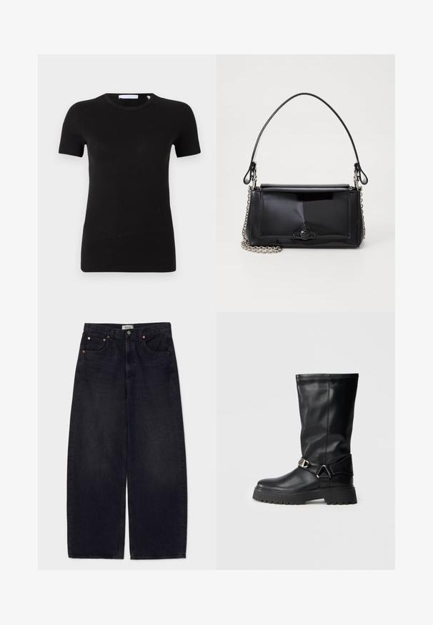 Črna kratka majica s kratkimi rokavi, izdelana iz mehkega in raztegljivega materiala. Ima okroglo izrezo in minimalističen dizajn brez vidnih vzorcev ali grafik.; Široke črne jeans hlače iz denima s bakrenimi gumbi, dvema sprednjima žepoma in gladko teksturo. Čist dizajn s ravnim krojem.; Črne nadkolenske čevlje iz gladke usnje, ki imajo zaponko na strani in debele, teksturirane podplate za boljši oprijem.; Črna lakirana usnjena torbica pravokotne oblike, s verižnim trakom in značilnim kovinskim detajlom na sredini. Gladka textura.