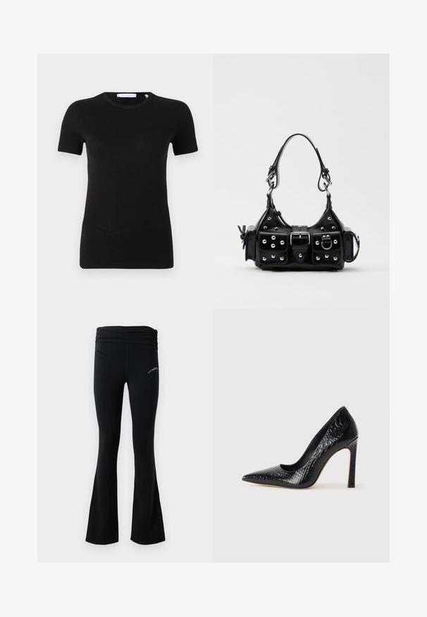 Black short-sleeve t-shirt made of soft, stretchy material. Features a round neckline and minimalistic design with no visible patterns or graphics.; Black flared yoga pants with a ruched waistband and small white logo on upper thigh, displayed against a plain white background.; Black pointed-toe high heel shoe with a crocodile-skin texture, featuring a sleek design, high stiletto heel, and smooth black interior.; Black leather handbag with a curved design, featuring silver studs, a buckle, and two side pockets. Adjustable strap for carrying options.