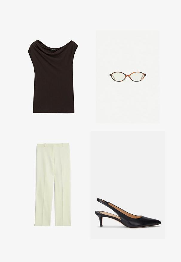 Schwarzes, leichtes Top mit einem drapierten Ausschnitt und kurzen Ärmeln. Glatte Textur mit einem einfachen, schlichten Design.; Cremefarbene, maßgeschneiderte Hosen mit geradem Schnitt, flachem Front, Gürtelschlaufen und glatter Oberfläche.; Schwarzer Leder Slingback-Pump mit spitzer Zehenform, niedrigem Kitten-Absatz und glatter Oberfläche. Verfügt über ein offenes Rückendesign und minimale Nahtdetails.; Schildpatt-Eyegläser mit ovalen Gläsern und einer eleganten, glatten Oberfläche. Mit dünnen Seiten und einer subtilen Kurve an den Schläfen. Klare Gläser.