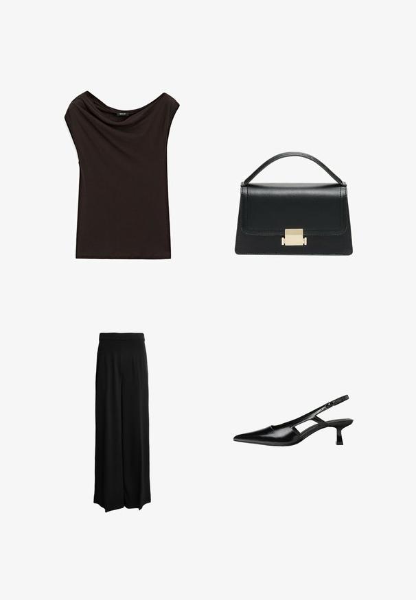 Schwarzes, leichtes Top mit einem drapierten Ausschnitt und kurzen Ärmeln. Glatte Textur mit einem einfachen, schlichten Design.; Schwarze, weite Hosen mit einer glatten, weichen Textur und einem hohen Bund. Sie verfügen über klare Linien und keine sichtbaren Verschlüsse oder Verzierungen.; Schwarze Lackleder-Slingback-High Heels mit spitzer Zehenform, ausgeschnittenem Seitendesign und kleinem Blockabsatz. Glatte Textur mit minimalen Akzenten.; Schwarze Lederhandtasche mit strukturiertem Design, oberem Griff und einem goldenen Metallschnappverschluss auf der Vorderseite. Glatte Textur, minimale Nähte.