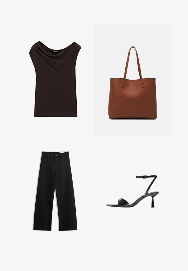Schwarzes, leichtes Top mit einem drapierten Ausschnitt und kurzen Ärmeln. Glatte Textur mit einem einfachen, schlichten Design.; Schwarze weit geschnittene Jeans mit hoher Taille, ausgestattet mit Vorder- und Hintertaschen, gesteppten Nähten und einem Knopfverschluss. Glatte Textur.; Bershka High Heel Sandalette - black; Braune Leder-Tote mit glatter Textur, offenem Oberteil und zwei Schulterriemen. Verfügt über minimale Nähte und keine sichtbaren Beschläge.