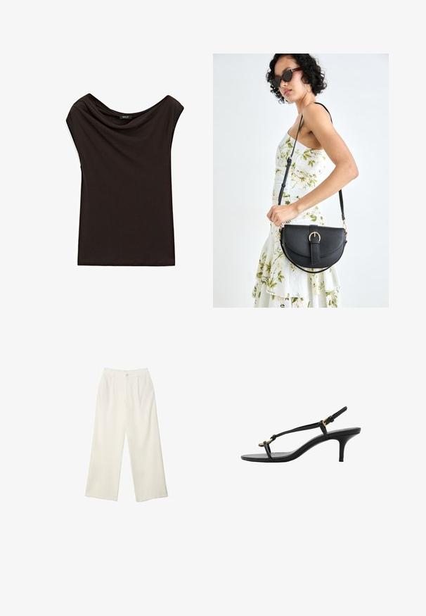 Top nero leggero con scollo drappeggiato e maniche a cappuccio. Tessuto liscio con un design semplice e non decorato.; Pantaloni a gamba larga in tessuto crema con una texture liscia, caratterizzati da un singolo bottone frontale, pieghe sottili e un design a vita alta.; Sandal con zeppa kitten nera in pelle, con sottili cinturini, fibbia dorata e una minimalista fascetta per le dita su sfondo bianco.; Borsa a tracolla nera in pelle con una forma curva, manico rimovibile e accessori dorati. La borsa presenta una patta con un dettaglio a fibbia.