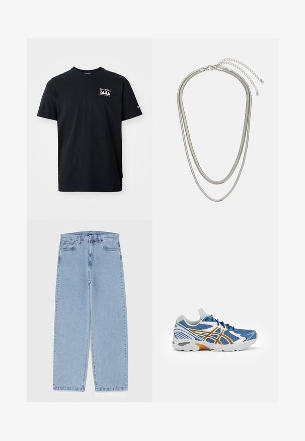 Tricou din bumbac negru cu mâneci scurte. Prezintă un logo grafic în roșu, alb și albastru pe partea superioară stângă a pieptului. Textură netedă, design cu gât rotund.; Jeans din denim de culoare albastru deschis, cu un design cu picioare drepte, având talie medie, cinci buzunare și un sistem de închidere cu nasture și fermoar.; Pantof sportiv albastru cu parte superioară din plasă, accente albe și portocalii, talpă intermediară cu amortizare și talpă exterioară din cauciuc texturat. Dispune de un design cu șireturi.; Colier din metal argintiu în trei straturi, cu lanțuri elegante și flexibile, cu un ușor luciu, asigurat cu un închizător de tip homar și un lanț ajustabil.