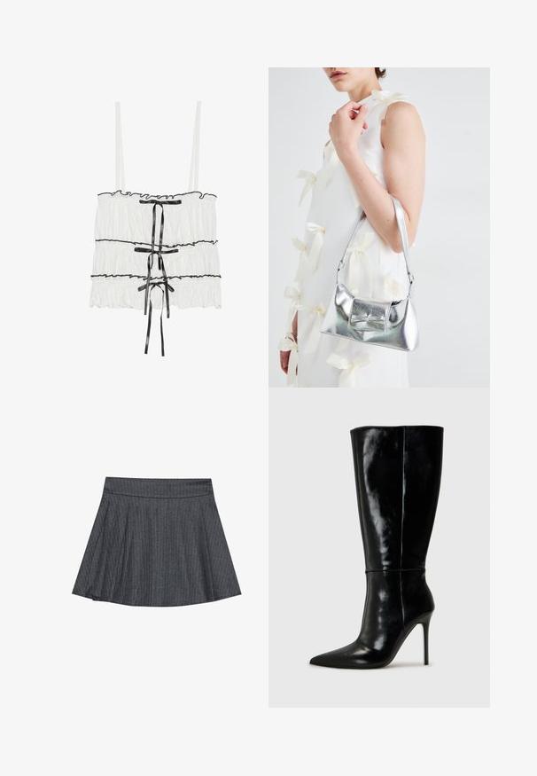 Top bianco senza maniche con texture a volant e dettagli in nastro nero. Presenta tessuto arricciato e spalline regolabili.; Gonna a skater grigia a righe con cintura aderente, forma a trapezio svasata e texture di tessuto morbido. Le linee verticali aumentano l'interesse visivo.; Stivali neri in pelle alti fino al ginocchio con punta affusolata e tacchi a stiletto alti. Texture liscia e design elegante, con decorazioni minime.; Borsa a mano metallica argento con forma strutturata, dotata di manico superiore e dettaglio a fiocco sulla parte frontale. Texture liscia e finitura riflettente.