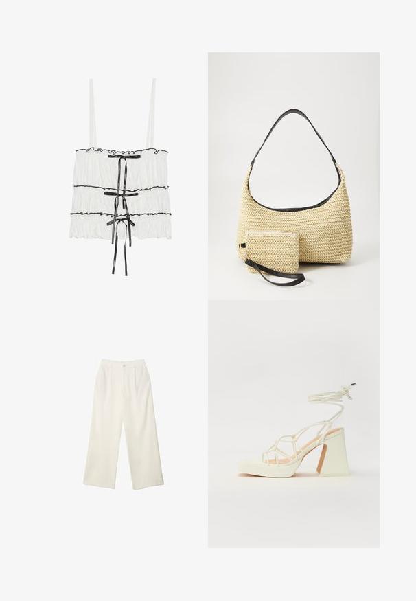 Hvid sansærmet top med rynket struktur og sorte bånddetaljer. Har samlet stof og justerbare spaghettistropper.; Bredde bukser i cremefarvet stof med en glat tekstur, der har en enkelt knap foran, diskrete folder og design med høj talje.; Hvide højhælede sandaler med en kraftig hæl, der har et stropdesign og ankelbinding. Glat tekstur med en platform foran for ekstra højde.; Vævet stråhåndtaske med en buet silhuet, der har en glat sort læderrem og en matching lille pung, der er fastgjort med en håndledsrem.