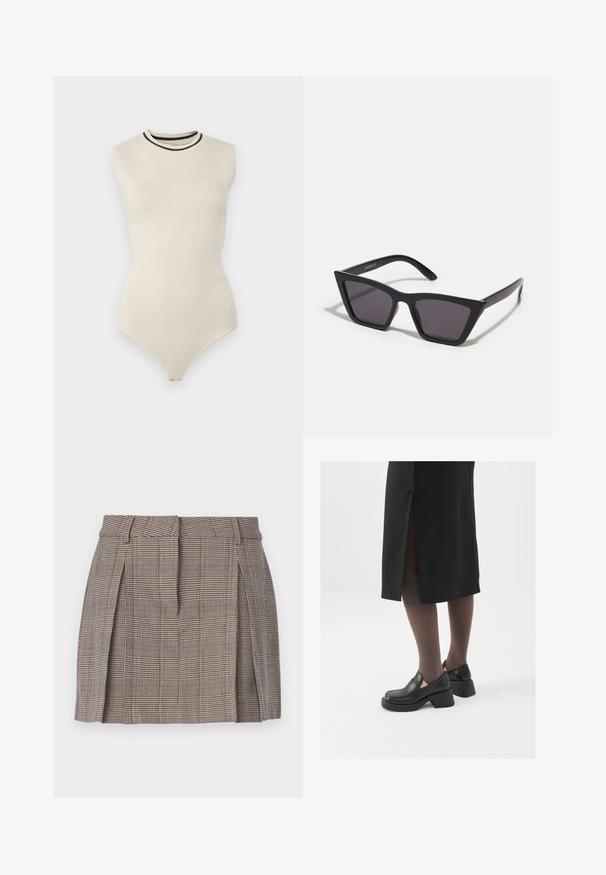 Abercrombie & Fitch LUXELOFT BARE BODYSUIT - Toppi - taupe grey/black beauty; Ruskea ruutuhame, jossa on tiukka vyötärö, laskokset sivuilla ja kuvioitu pinta, valmistettu kevyestä kudotusta kankaasta.; Mustat nahkakengät pyöreällä kärjellä, paksulla lohkopohjalla ja joustavilla sivuakkesseilla, yhdistettynä tummiin sukkahousuihin ja mustaan hameeseen, jossa on halkio.; Mustat, kulmikkaat aurinkolasit harmailla linsseillä; valmistettu muovista, paksuilla varsilla, joissa on sileä pinta ja ilman näkyvää metalliosaa.; Kultaketjut kullasta, joissa on sileä, kiiltävä pinta. Pyöreä muotoilu, jossa on pieni tappi ja kirkas taustalevy turvalliseen käyttöön.