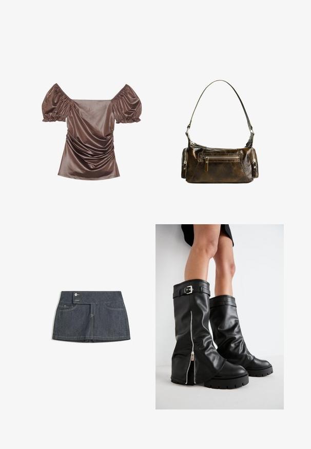 Brun satin off-shoulder top med puffærmer, rynket detaljer foran og en glat tekstur. Elastiske manchetter ved ærmeenderne.; Mørk denimnederdel med høj talje, der har to forlommer, en knaplukning og kontrastsying langs kanterne.; Sorte læderknæhøje støvler med en bred skaft, der har en sidelukning med lynlås og spændeaccent, tekstureret finish og chunky gummisål.; Brun læder håndtaske med en buet form, sølv hardware og to lynlåslommer på forsiden. Justerbar skulderrem inkluderet.