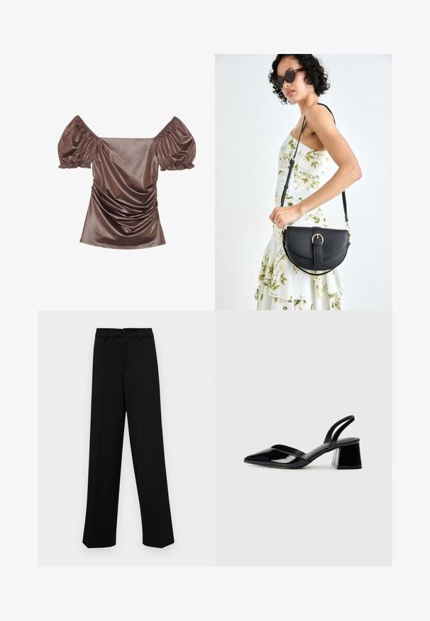 Pruun satäänist off-the-shoulder top, millel on puff-sleed, frontriigedetailid ja sile tekstuur. Elastsed randmeäärised.; Musta laiad püksid siledast kangast, millel on klassikaline vöökoht, nööbiga sulgemine ja ees voldid.; Mustad musta lakknahk kingad, millel on terav varvas ja geomeetriline plokkkonts. Omab elegantselt minimalistlikku disaini ja sujuvat tekstuuri.; Mustmust mustraha kõverate joontega, eemaldatava rihmaga ja kuldsete detailidega. Kotil on klapp, millel on pandladetail.