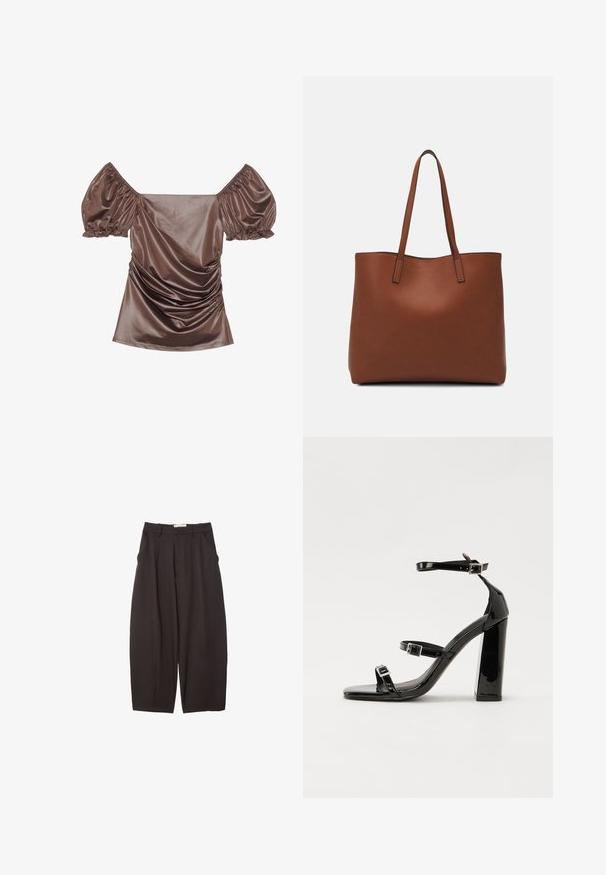 Hnedý saténový top bez ramienok s balónovými rukávmi, prehnutím v prednej časti a hladkou textúrou. Elastické manžety na koncoch rukávov.; Čierne široké nohavice vyrobené z hladkej tkaniny, s vysokým pásom, prednými skladmi a bočnými vreckami. Jednoduchý dizajn bez ozdôb.; Čierne lakované sandále na podpätku so štvorcovou špičkou, navlečenými remienkami okolo členku a striebornými prackami. Disponujú masívnym blokovým podpätkom pre stabilitu.; Hnedá kožená taška na rameno s hladkou textúrou, otvoreným vrchom a dvoma ramenými popruhmi. Má minimálne šitia a žiadne viditeľné kovania.