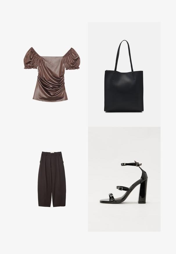 Hnědý saténový top bez ramínek s nafouknutými rukávy, na přední straně s nařasením a hladkou texturou. Elastické manžety na koncích rukávů.; Černé široké kalhoty vyrobené z hladkého materiálu, s vysokým pasem, předními sklady a bočními kapsami. Jednoduchý design bez ozdob.; Černé lakované sandály na podpatku se čtveratou špičkou, lýtkovými pásky a stříbrnými přezkami. Disponují masivním blokovým podpatkem pro stabilitu.; Černá kožená taška přes rameno s hladkým povrchem, obdélníkovým tvarem a dvěma dlouhými uchy. Žádné viditelné kování ani ozdoby.