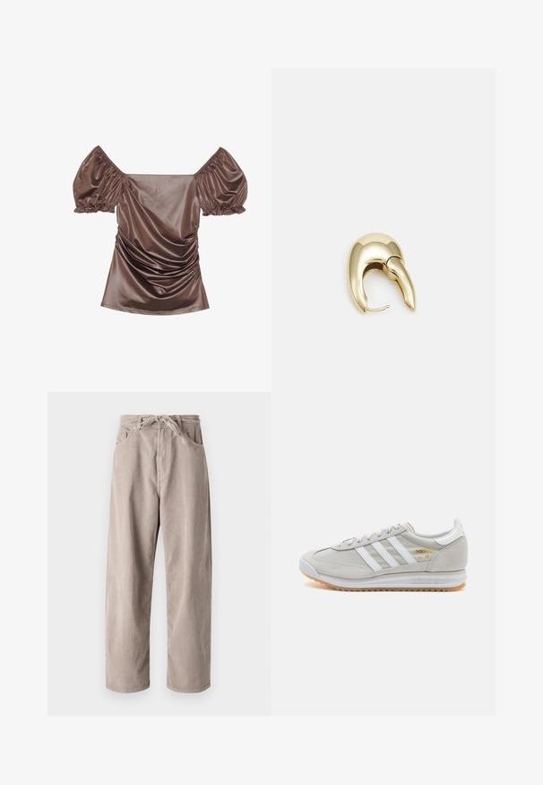 Braunes Satin-Oberteil mit schulterfreier Silhouette, gepufften Ärmeln, Raffung an der Vorderseite und glatter Oberfläche. Elastische Bündchen an den Ärmelenden.; Beige Cordhosen mit lockerer Passform, ausgestattet mit einem Kordelzugbund, zwei Fronttaschen und vertikal geripptem Muster.; Hellgraue Sneaker aus Wildleder und Mesh, mit drei weißen Streifen, runder Zehenpartie und einer Sohle aus Gummi. Goldenes Logo-Detail nahe der Schnürsenkel.; Ohrringe aus goldfarbenem Metall mit einem schlanken, geschwungenen Design. Sie verfügen über eine markante, spitze Form, eine polierte Oberfläche und einen Scharnierverschluss.