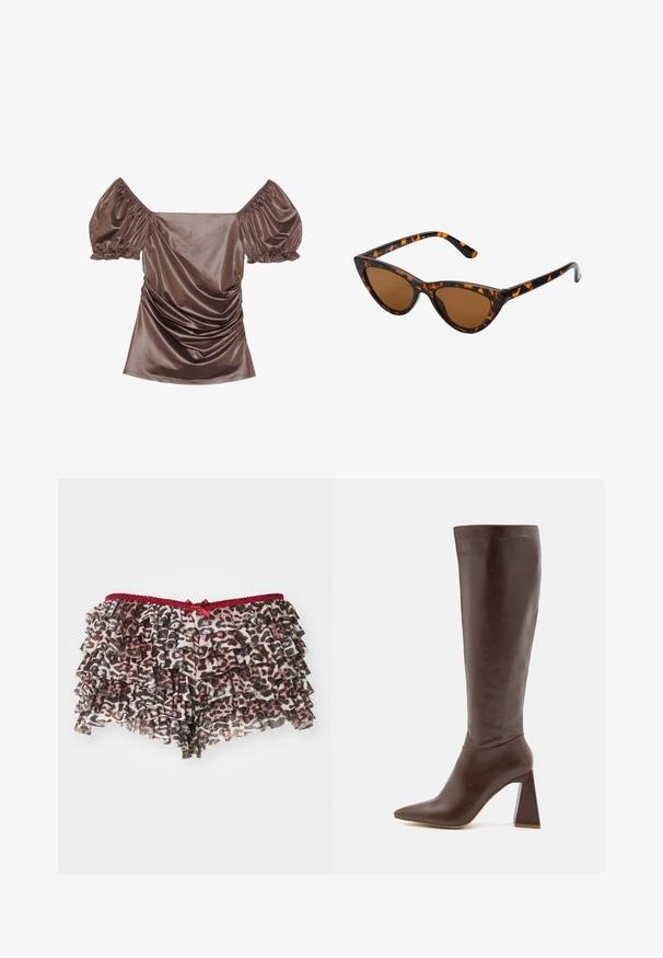 Hnědý saténový top bez ramínek s nafouknutými rukávy, na přední straně s nařasením a hladkou texturou. Elastické manžety na koncích rukávů.; Květinové šortky s leopardím potiskem a vrstvenými volány, se červeným krajkovým pasem a malou mašlí na přední straně.; RAID TENBY - Vysoká obuv - brown; Sluneční brýle ve stylu kočičích očí s černo-oranžovým želvovinovým rámem, hnědými skly a elegantními, špičatými konci. Obsahují minimalistické logo na straně.