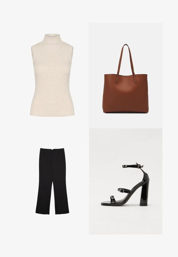 Ärmelloses Rollkragenoberteil in hellem Beige, aus weichem, geripptem Stoff gefertigt. Es hat eine figurbetonte Silhouette und einen hohen, strukturierten Ausschnitt.; Schwarze Hose mit geradem Schnitt, ausgestattet mit Fronttaschen und Seitenschlitzen am Saum. Hergestellt aus weichem, glattem Stoff. Geeignet für verschiedene Anlässe.; Schwarze patentierte Sandalen mit Absatz, quadratischer Spitze, Knöchelriemen und silbernen Schnallen. Mit einem stabilen Blockabsatz für mehr Stabilität.; Braune Leder-Tote mit glatter Textur, offenem Oberteil und zwei Schulterriemen. Verfügt über minimale Nähte und keine sichtbaren Beschläge.