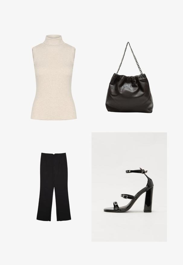 Bezrukávový rolák v svetlo béžovej farbe, vyrobený z mäkkej, rebrovanej tkaniny. Má priliehavý strih a vysoký, štruktúrovaný výstrih.; Čierne nohavice so strihom rovného strihu, s prednými vreckami a bočnými rozparkami na leme. Vyrobené z mäkkej, hladkej tkaniny. Vhodné na rôzne príležitosti.; Čierne lakované sandále na podpätku so štvorcovou špičkou, navlečenými remienkami okolo členku a striebornými prackami. Disponujú masívnym blokovým podpätkom pre stabilitu.; Hnedá kožená taška so zberaným vrchom a reťazovým popruhom. Hladký povrch s lesklým finišom a jemným švom po stranách.