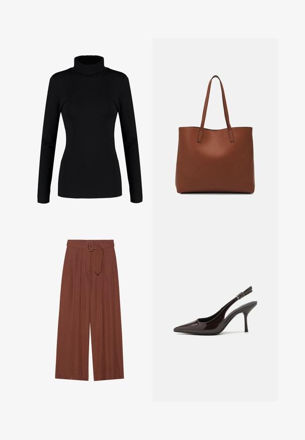 Juodas ilgomis rankovėmis tvarstinis, pagamintas iš minkštos, elastingos medžiagos, su prigludusia siluetu ir aukštu apykakle. Be raštų ar dekoracijų.; Plačios kelnių kelnės rudos spalvos audinyje, su diržu su kvadratiniu sagtimi, klostuotų dizainu ir lygiu paviršiumi.; Blizganti tamsiai ruda lakinės odos aukšto kulno bateliai, smailus nosis, atviros šoninės dalys ir reguliuojamas kulkšnies dirželis.; Ruda odinė priekabų krepšys su glotnia tekstūra, atviru viršumi ir dviem petnešomis. Su minimalia siuvimo detalėmis ir nematoma aparatūra.