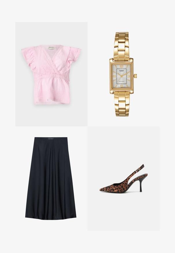 Rosa kortermet topp med omslagdesign, teksturerte folder og blonderkant langs utringningen og ermene. Elastisk midje for god passform.; Sort, knelangs skjørt laget av lett stoff med en flytende design. Har en jevn tekstur og subtile folder for ekstra detalj.; Leopardmønstrede slingback højhælede sko med spids tå, sort blank hæl og justerbar ankelstrop. Blødt materiale med en struktureret overflade.; Gullfarget rektangulær klokke med hvit urskive, sølvfargede timeindikatorer og et slitesterkt metallarmbånd. Vanntett funksjon inkludert.
