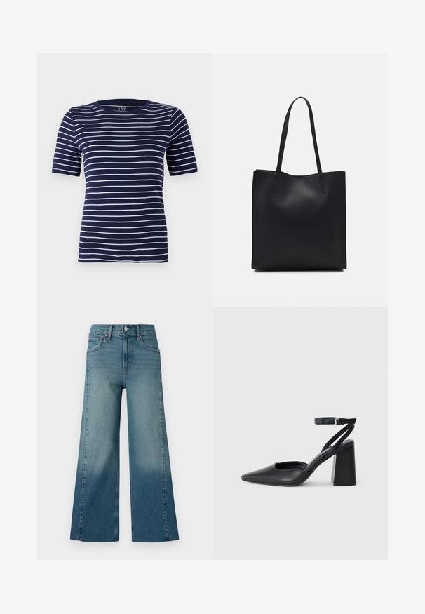 Navy blue T-shirt with horizontal white stripes, short sleeves, and a round neckline. Made from a soft, stretchy fabric.; Wide-leg jeans in a medium blue wash, featuring a gradient effect from darker to lighter. Made of denim with a traditional five-pocket design.; Black leather pointy-toe pump with an ankle strap and a chunky heel. Flat texture, sleek design, and minimalistic aesthetics.; Black leather tote bag with smooth texture, rectangular shape, and two long handles. No visible hardware or embellishments.