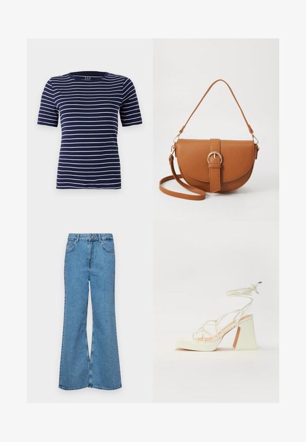 Camiseta de color azul marino con rayas blancas horizontales, de manga corta y con cuello redondo. Fabricada con una tela suave y elástica.; Jeans acampanados de color azul claro hechos de denim, con una cintura alta, cinco bolsillos y un cierre de botón. Textura suave con acabado desgastado.; Sandalia de tacón alto blanca con un tacón grueso, que presenta un diseño de tiras y un lazo en el tobillo. Textura suave con una plataforma en la parte delantera para mayor altura.; Bolso bandolera de cuero marrón con forma curvada, herrajes dorados y un acento de hebilla. Incluye una correa de hombro desmontable.