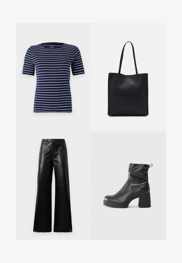 Tumesinine T-särk horisontaalsete valgete triipudega, lühikeste varrukatega ja ümmarguse kaelaaukuga. Valmistatud pehmest ja venivast kangast.; Mustad talje laiad jalad kunstnahast püksid esipaneeli nööbi ja lukuga, vöödega ja küljetaskutega valge tausta peal.; Mustad mustad ansapüksid, mis on valmistatud siledast nahast, külje zipperiga, paksu tekstuuriga kontsaga ja ümmarguse nina disainiga.; Mustast nahast kott sujuva tekstuuriga, ristkülikukujuline ja kahe pika sangaga. Pole nähtavat riistvara ega kaunistusi.