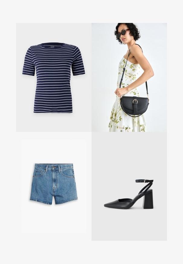 Dunkelblaues T-Shirt mit horizontalen weißen Streifen, kurzen Ärmel und Rundhalsausschnitt. Aus einem weichen, dehnbaren Stoff gefertigt.; Hellblaue Denim-Shorts mit fünf Taschen, einem Reißverschluss und einem Knopfverschluss. Der Saum ist fransig und das Design bietet eine lässige Passform.; Schwarze Leder-Pumps mit spitzer Zehe, einem Knöchelriemen und einem blockigen Absatz. Flache Textur, elegantes Design und minimalistische Ästhetik.; Schwarze Lederhandtasche mit geschwungener Form, abnehmbarem Tragegurt und goldenen Beschlägen. Die Tasche verfügt über einen Deckel mit einer Schnallen-Details.