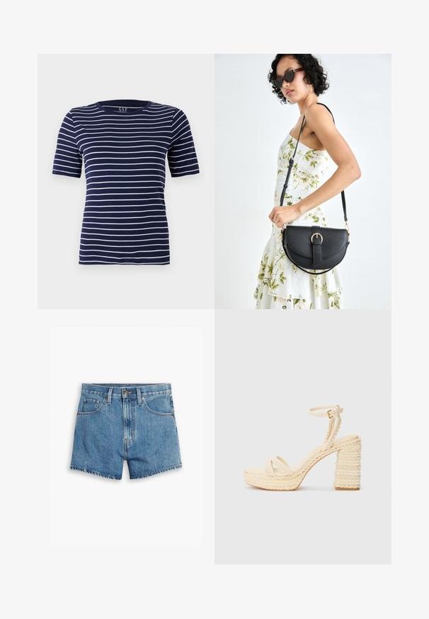 Marineblå T-shirt med horisontale hvide striber, korte ærmer og rund halsudskæring. Fremstillet af et blødt, strækbart stof.; Denim shorts i lyseblå, med fem lommer, lynlås og knappelukning. Kanten er tattered med et afslappet fit design.; Beige strop sandaletter med fletet jute platform og hæl, der har en tynd ankelrem og en glat fodseng.; Sort læderhåndtaske med en buet form, aftagelig rem og guldfinish. Tasken har en klap med en spænde detalje.