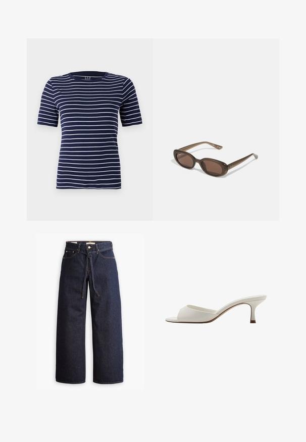 Mornaričko plava majica s horizontalnim bijelim prugama, kratkim rukavima i okruglim izrezom. Izrađena od mekane, rastezljive tkanine.; Široke tamnoplave traperice s visokim strukom, s vezicom, pet džepova i kontrastnim detaljima šavova.; Bijele otvorene sandale s visokom petom, glatke površine, minimalističkog dizajna i uske pete, sa suptilnim smeškastim naglaskom na đonu.; Smeđe ovalne sunčane naočale s tamnim staklima. Okvir je od prozirnog smeđeg materijala i ima otisnut logo na sljepoočnicama.; Zelena kožna torbica s glatkom teksturom, zakrivljenim oblikom i pletenom ručkom. Ima zatvaranje na patentni zatvarač i podesivu naramenicu.