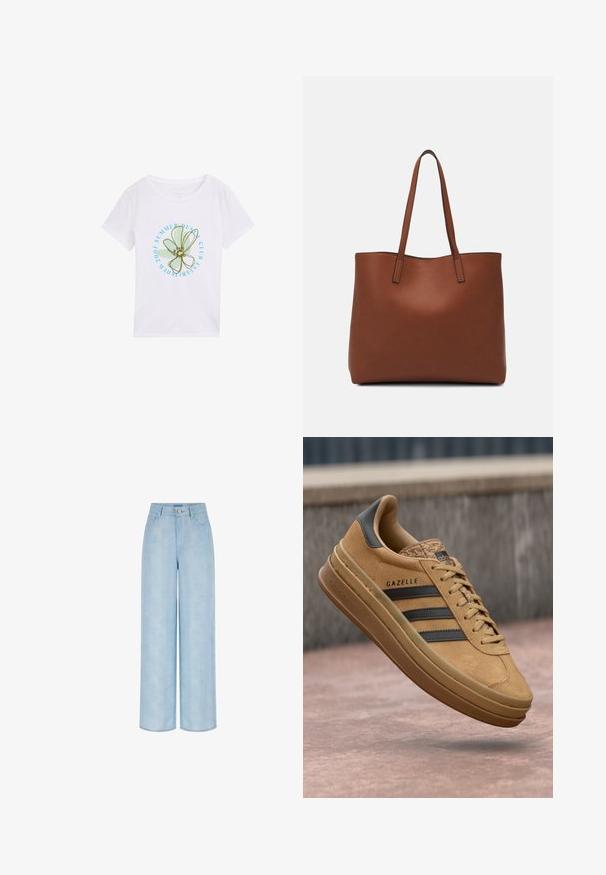 Camiseta blanca de algodón con un gráfico redondo que presenta un diseño de flor verde y texto azul que dice "SUMMER DENIM CLUB ESTABLECIDO EN 2017".; Jeans de pierna ancha de color azul claro, fabricados en denim, con un diseño clásico de cinco bolsillos, cierre frontal con botón y una textura sutil.; Zapatillas de ante color tostado con una textura suave, que cuentan con tres rayas oscuras, una puntera redondeada y una suela más gruesa con un borde estampado.; Bolso tote de cuero marrón con una textura suave, diseño de apertura superior y dos correas para el hombro. Presenta una costura mínima y sin herrajes visibles.