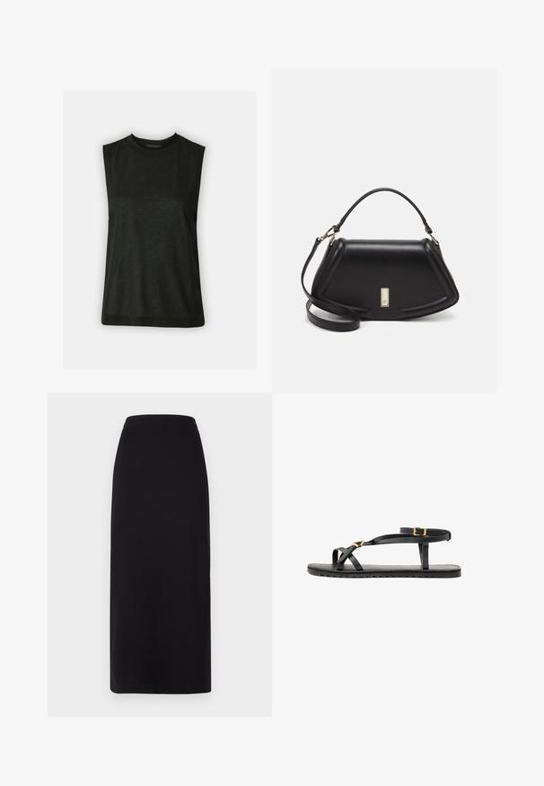 Black, sleeveless top made of soft fabric with a rounded neckline and a relaxed fit. Simple design with no visible patterns or hardware.; Black, ankle-length skirt with a fitted waistband. Made of soft, stretch fabric, featuring a smooth texture and no visible embellishments.; Black leather sandals with thin straps and a buckled ankle strap. Flat sole with a textured finish and zigzag edge. Minimalist design.; Black leather handbag with a structured design, featuring a cropped shape, top handle, and gold hardware accent. Adjustable shoulder strap included.