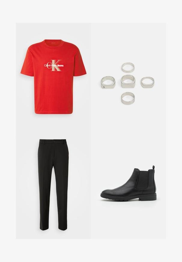 Czerwona bawełniana koszulka z krótkim rękawem, z dużym białym logo graficznym z napisem "Calvin Klein Jeans" oraz stylizowanym "CK". Okrągły dekolt.; Czarne spodnie z gładkiego materiału, z prostymi nogawkami, z zapięciem na guzik i klasycznym wzornictwem, odpowiednie zarówno na formalne, jak i codzienne okazje.; Czarne skórzane botki typu Chelsea z elastycznymi panelami bocznymi i uchwytem, z zaokrąglonym noskiem i teksturowaną gumową podeszwą.; Zestaw sześciu metalicznych srebrnych pierścionków w różnych kształtach, w tym okrągłych i kwadratowych, o gładkiej powierzchni i minimalisticznym wzornictwie.