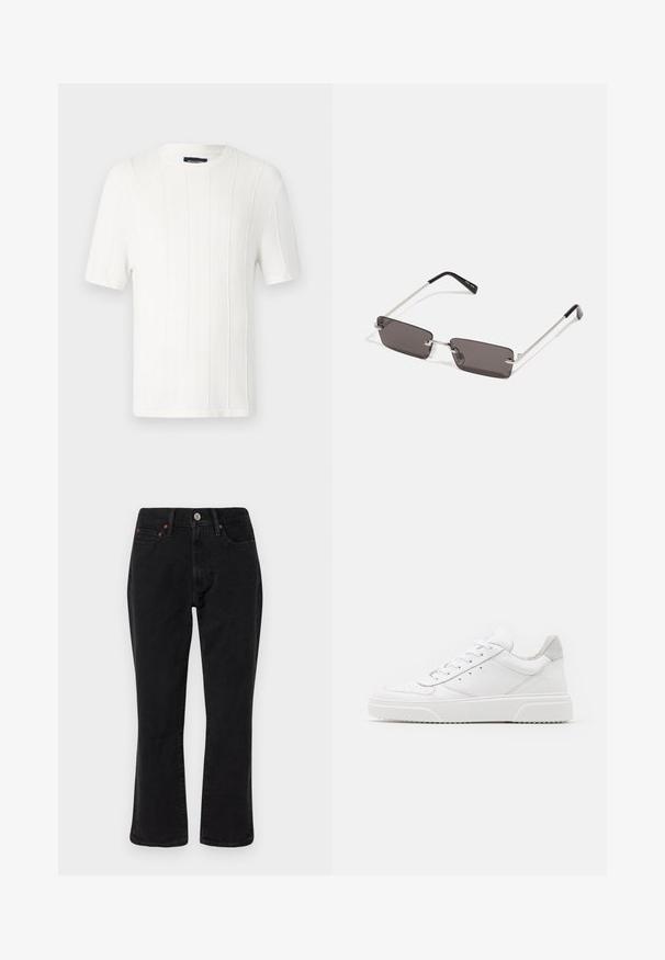 Biely krátky pletený sveter s rebrovanou textúrou, okrúhlym výstrihom a jemným vzorom. Ľahká látka s mierne priliehavým strihom.; Čierna a sivá károvaná bunda s golierom, predným zapínaním na gombíky a dvoma vreckami na hrudi. Vyrobená z textúrovanej tkaniny.; Čierne denimové džínsy s pravým strihom, päť vrecúškovým štýlom a kovovými detailmi s medenými akcentmi. Hladká textúra a stredný pas.; Biele kožené tenisky s hladkým povrchom, zaoblenou špičkou, plochými šnúrkami a textúrovanou podrážkou. Sivý semišový akcent na päte.; Slnečné okuliare s obdĺžnikovými, tmavosivými sklami, striebornými kovovými rámami a čiernymi plastovými koncami na rúčkach. Ľahký dizajn s nosovými podložkami.