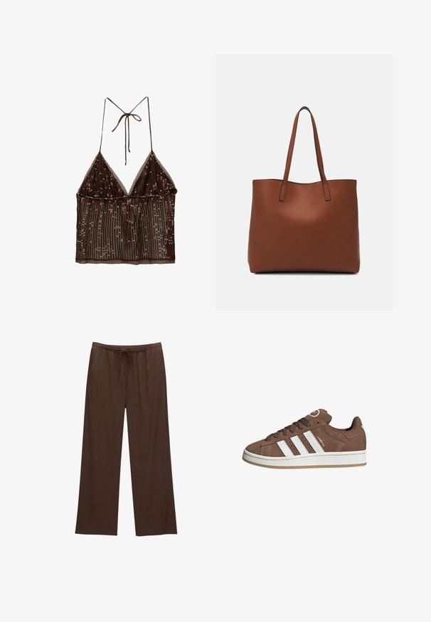Brauner, mit Pailletten besetzter Croptop mit dreieckigem Ausschnitt, verstellbaren Trägern und transparentem Stoff, der ein mehrlagiges Design und eine gerippte Textur aufweist.; Braune weite Hosen aus weichem Stoff, mit einem elastischen Bund und Kordelzug sowie zwei Seitentaschen.; Braune Wildledersneaker mit weißen Lederstreifen, Gummisohle, gerundetem Zehenbereich und Schnürung. Mit einem Logo auf der Zunge und perforierten Akzenten.; Braune Leder-Tote mit glatter Textur, offenem Oberteil und zwei Schulterriemen. Verfügt über minimale Nähte und keine sichtbaren Beschläge.