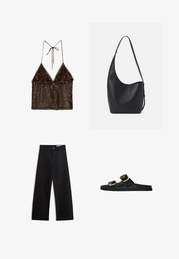 Brown sequined crop top with a triangular cut, adjustable straps, and sheer fabric, featuring a layered design and a ribbed texture.; Black wide-leg denim pants with a high waist, featuring front and back pockets, stitched seams, and a button closure. Smooth texture.; Black slide sandal with two gold buckle accents, smooth textured material, flat sole, and a minimalist design.; Black leather hobo bag with a smooth texture, curved shape, and single adjustable strap; features a wide opening at the top.