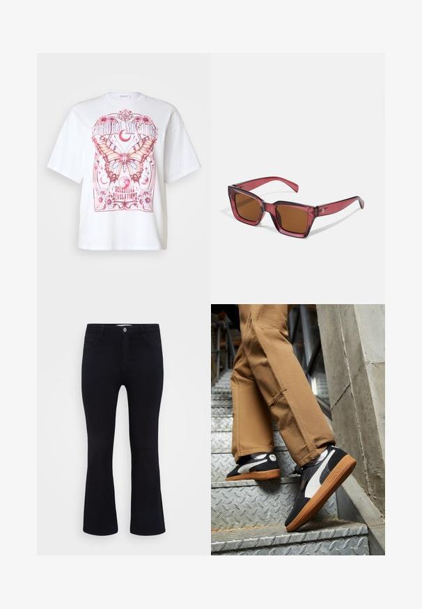 Bijela oversized majica s ružičastim grafičkim prikazom leptira, cvjetnim detaljima i natpisom "Aurora Mystic Celestial Revelations."; ONLY Carmakoma CARTHUNDER PUSH UP - Trapezaste traperice - black denim; Crne i sive suede tenisice s bijelim detaljima i potplatima od gume boje gume, nošene na bež hlačama dok se penju metalnim stubama.; Crvene naočale u obliku kvadrata s smeškim lećama. Izrađene su od prozirne plastike. Imaju izraženog uglastog dizajna i suptilnog brendiranja na dršci.